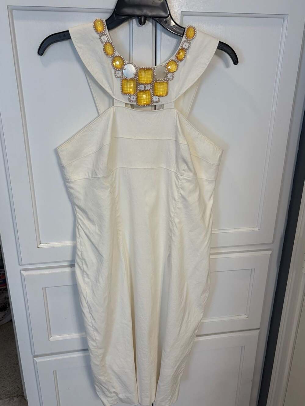 Adrianna Papell White Linen Blend Jeweled Neckline Sheath Dress Size 12
